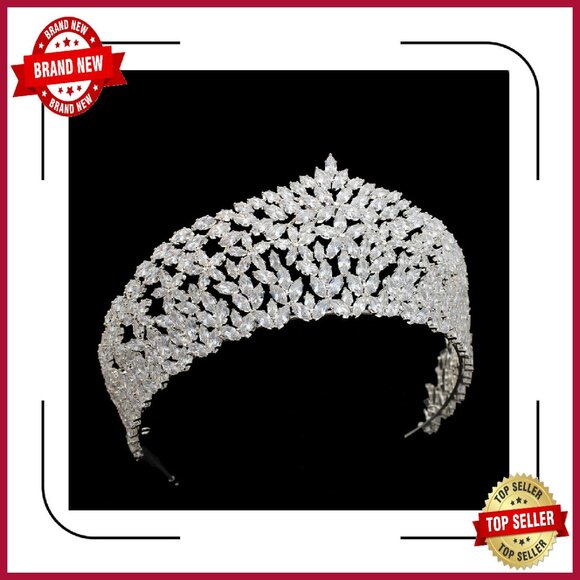 Large Cubic Zirconia Princess Crown Tiara Bridal Headpiece Hair Accessory